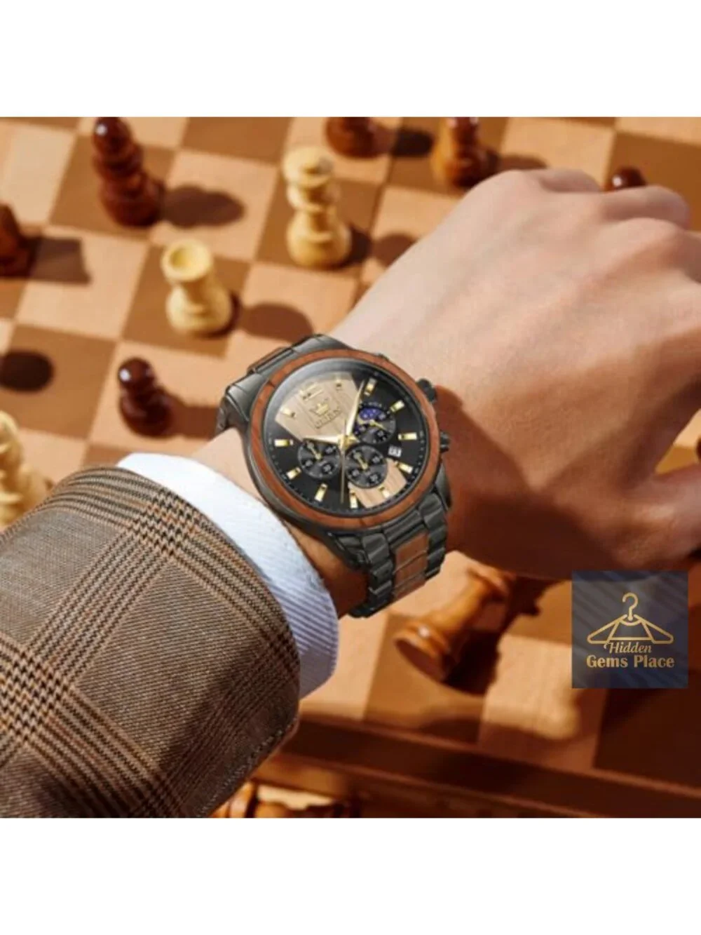 Wooden Men's Dress Chronograph Watch Quartz Analog Stainless Steel Waterproof
